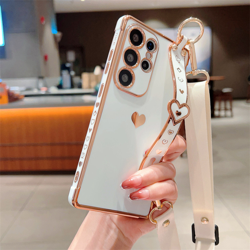 Mạ Dây Đeo Cổ Tay Silicon Bên Trái Tim Tình Yêu Dành Cho Samsung Galaxy S25 Edge S24 S23 S22 Ultra Plus S24 S23 S21 S20 FE Có Dây Đeo Ngang Chống Sốc