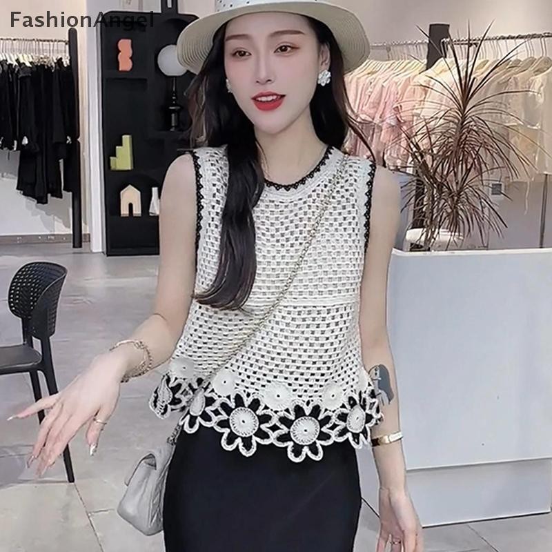 FashionAngel Mùa Hè Retro Hoa Rỗng Thêu Cổ Tròn Không Tay Rời Dệt Kim Áo Vest Nữ VN