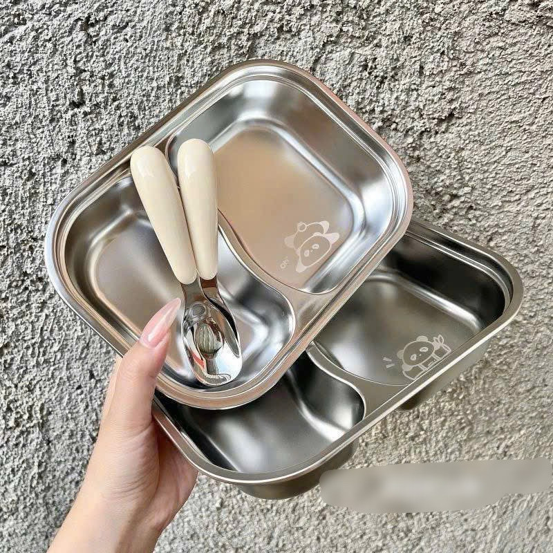 KHAY ĂN 2 NGĂN kèm thìa HÌNH THÚ - Khay ăn dặm inox 304 Dễ THƯƠNG CHO CÁC BÉ an toàn, dễ vệ sinh, chống rơi vỡ