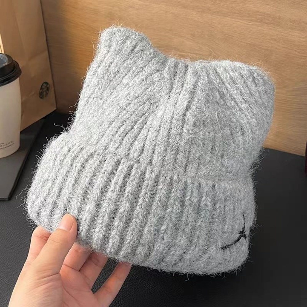 Mũ beanie dệt kim HOBBYIN tai mèo, thời trang mùa đông ấm áp