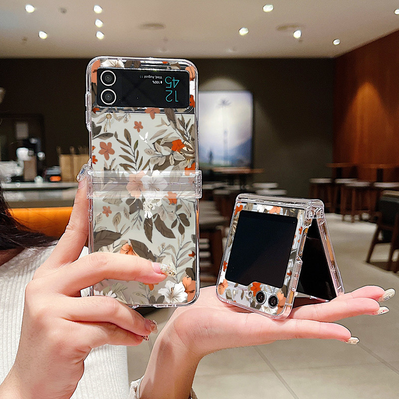 Hoa Lãng Mạn Họa Tiết Hoa Trong Suốt Vỏ Điện Thoại Cho Samsung Galaxy Z Flip 6 Flip 5 Flip 4 5G Full Bản Lề Cứng PC Gấp Dành Cho Samsung Z Flip 6 5 4 3