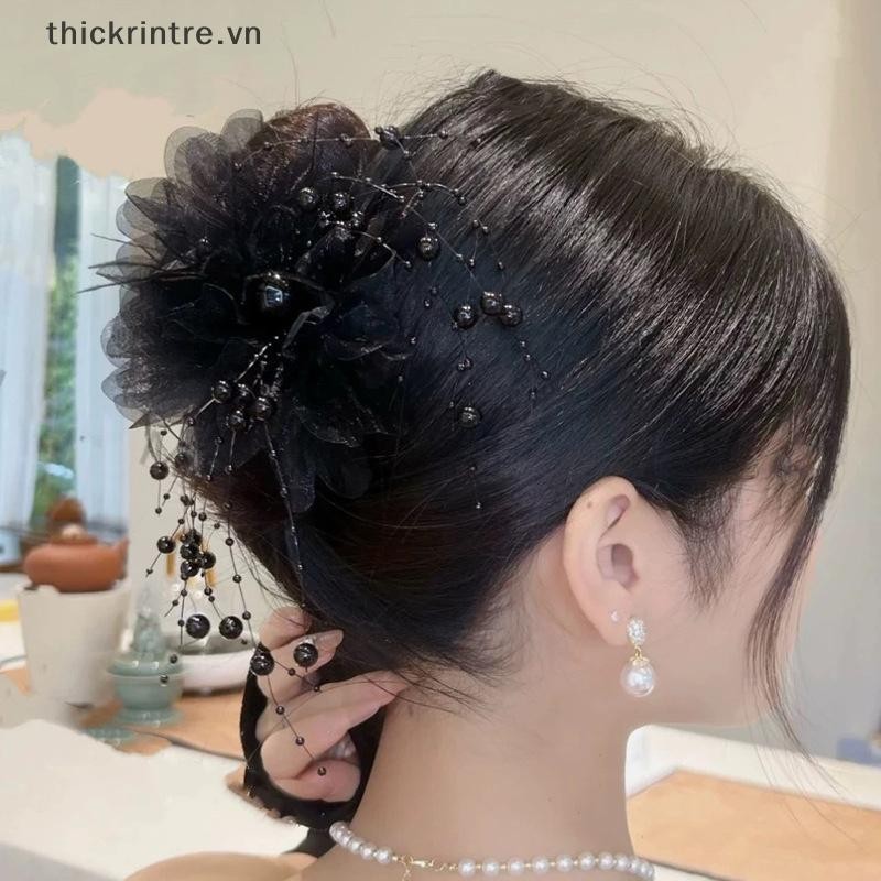 THI Thời Trang Lưới Đen Hoa Nữ Đuôi Ngựa Kẹp Mũ Đội Đầu Tính Khí Hoa Tóc Móng Vuốt Mũ VN