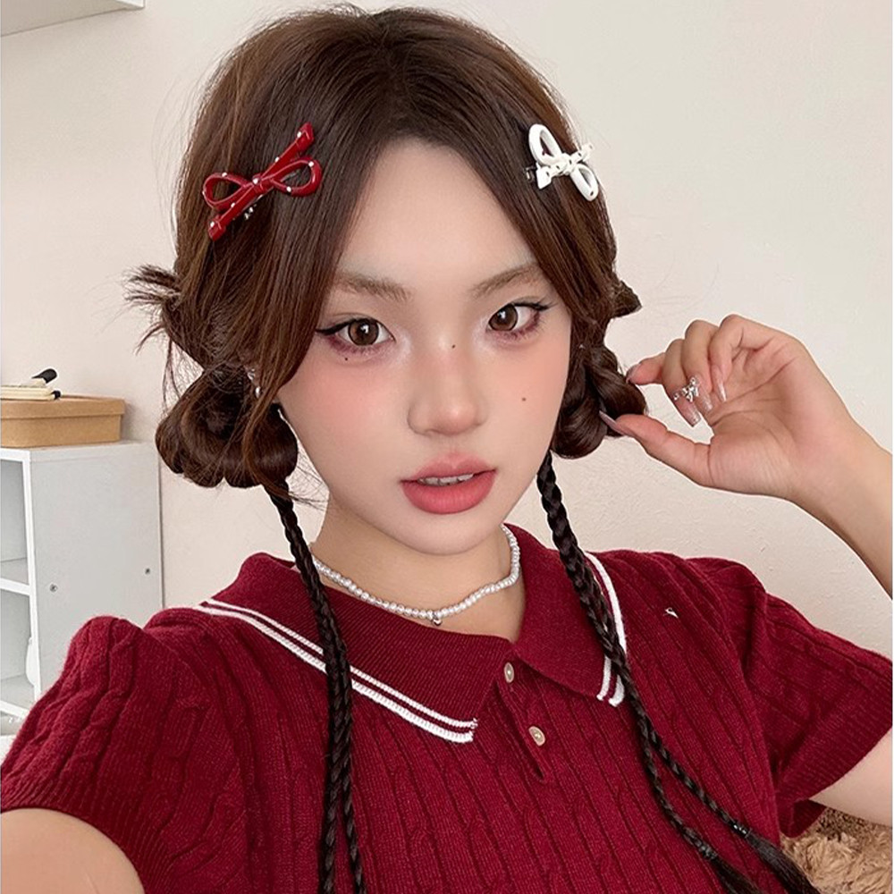 1 / 2 Cặp Kẹp Tóc Nơ Chấm Tròn - Kẹp Tóc Nơ Đỏ Phong Cách Y2K - Cô Gái Ngọt Ngào Dễ Thương Bên Nổ Mỏ Vịt Kẹp - Phụ Kiện Tóc Năm Mới Giáng Sinh Thời Trang