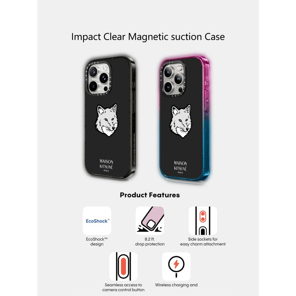 Casetify X Maison Kitsuné Đen Ốp Lưng Acrylic Cứng Hút Từ Tính Cho Apple IPhone 12 13 14 15 16 Pro Max Plus Có Hộp