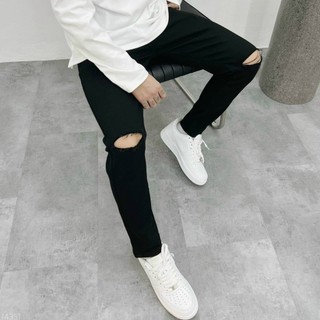 Quần Skinny Jeans Nam AMILY Màu Đen Trơn chất bò đen rách gối dáng ôm tôn dáng trẻ trung