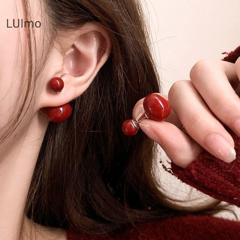 Luimo Ankela Nơ Đỏ Vintage Bông Tai Nữ Hàn Quốc INS Thu Đông Đơn Giản Hình Học SBS