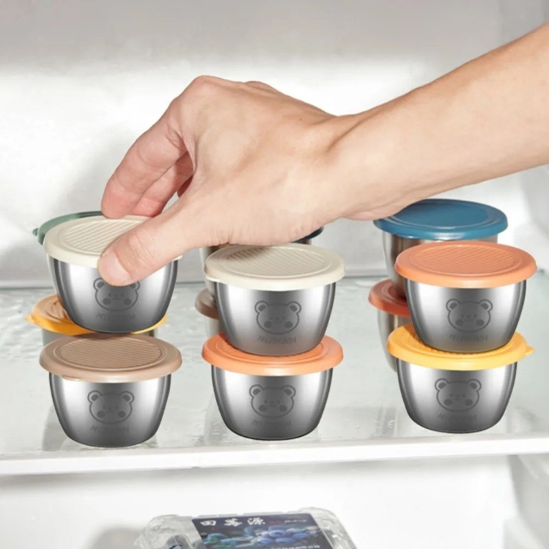 Cốc nước sốt nhỏ bằng thép không gỉ có nắp kín Bộ đồ ăn nhà bếp Sushi mù tạt Hộp gia vị nhúng Đĩa nước sốt