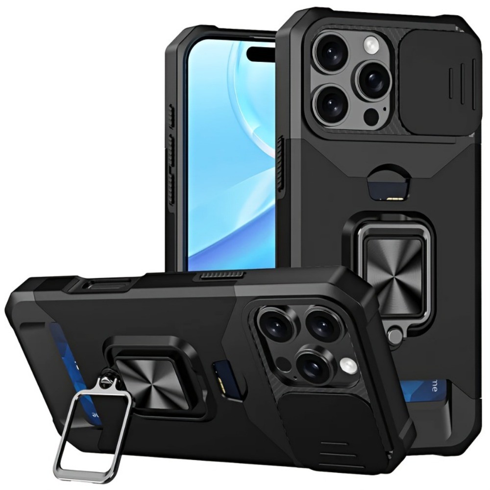 Ốp điện thoại bền, chắc chắn cho iPhone 17 16 15 14 13 12 11 Pro XS Max Mini Plus, ốp cứng chống sốc, có chân đế kim loại và khe cắm thẻ