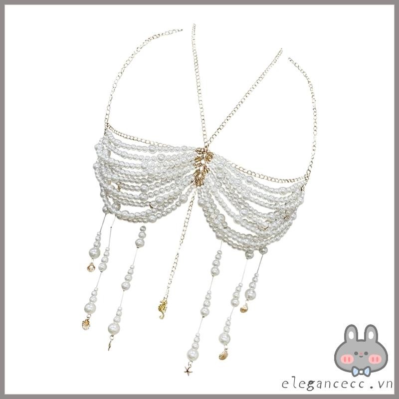 Elega Ngọc Trai Đính Ren Dây Crop Top Với Tua Rua Cho Nữ Lễ Hội Body Chain Áo Ngực