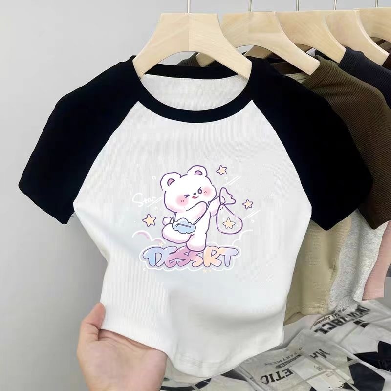 Áo thun Cotton hợp thời trang 2025 cho bé gái Khối màu Raglan Áo sơ mi ngắn tay mùa hè cho trẻ em
