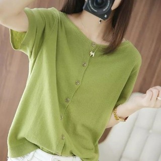 [1385 Bộ sưu tập người] Áo thun Cardigan dệt kim ngắn tay băng mỏng cỡ lớn Váy điều hòa không khí Top Áo len dệt kim dáng rộng