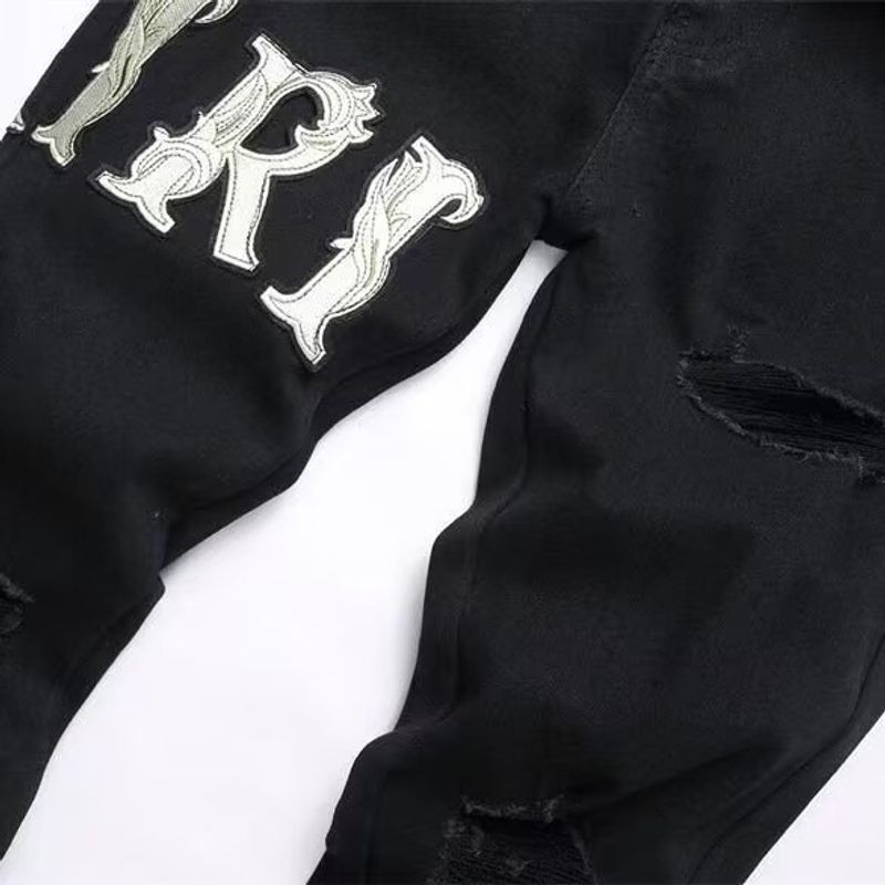 Cao Đường Phố Thời Trang Thương Hiệu Mới Thêu Quần Jean Nam Đen Rách Miếng Dán Co Giãn Slim Fit