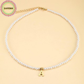 Safenh Thép không gỉ Ban Đầu Chữ Mặt Dây Chuyền Vòng Cổ Mô Phỏng Ngọc Trai Đính Hạt Xương Đòn Dây Xích Dành Cho Nữ Thời Trang Đơn Giản Choker Trang Sức VN