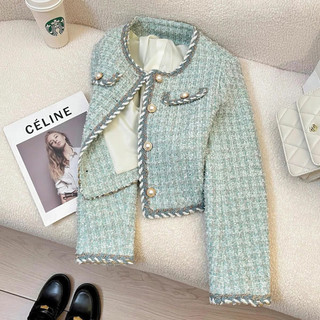 Xanh Pháp Tinh Tế Tweed Nhỏ Hương Thơm Ngắn Áo Khoác Nữ Thu Đông 2024 Phong Cách Mới Nhỏ Thời Trang Hàng Đầu Hợp Thời Trang