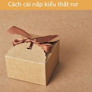 Hộp quà  kraft vuông mini nắp cài thắt nơ Vintage kèm rơm lót, hộp giấy kraft SUNND