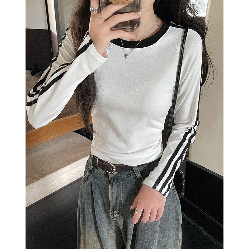 Milyfashion  Dralon American Striped Shoulder Long Sleeve Red T T-shirt round Neck Early Autumn Slim-Fitting New Bottoming Hot Girl Short Top
