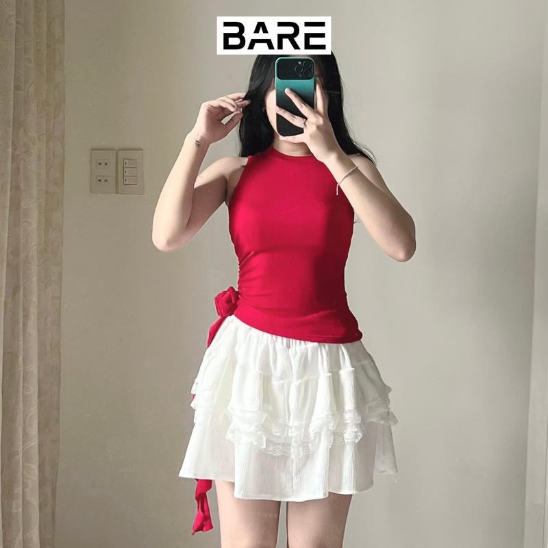 BARE.Y2K_Áo Thun Sát Nách Đính Hoa Có Lớp Lót Chất Dệt Nhũ_A275 Nữ Women Top Thun Voi Cotton Jean Cổ Tròn Ong Voan
