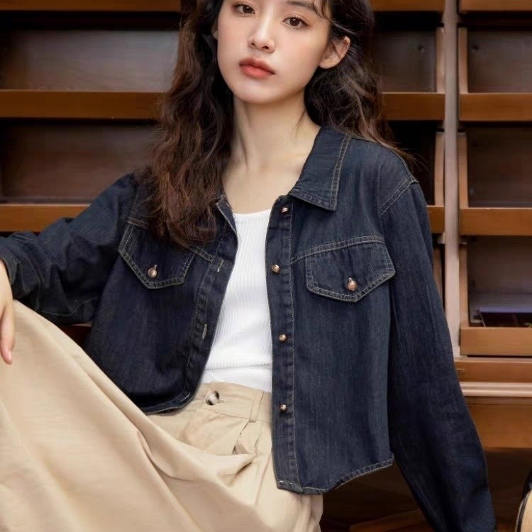 Dài Tay.Thông Thường Nhỏ Phong Cách Hồng Kông Áo Sơ Mi Ngắn Niche Denim Áo Khoác Retro Sang Trọng Nữ