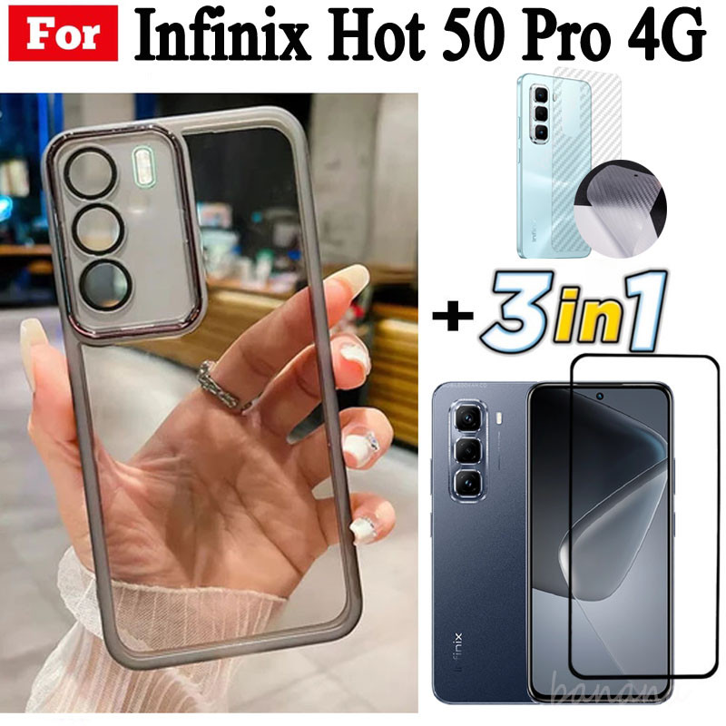 3 trong 1 Infinix Hot 50 Pro 50i 50 4G 5G TPU Mềm Silicon Trong Suốt Vỏ Điện Thoại Có Camera Bảo Vệ Mặt Sau + Kính Cường Lực Riêng Tư + Phim Mặt Sau
