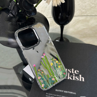 Ốp điện thoại hình hoa tươi và xương rồng cho iPhone 16 / 15 / 14 / 13 / 12 / 11 / PRO MAX / MINI / PLUS / X / XR gương bảo vệ lỗ lớn chống rơi và chống sốc