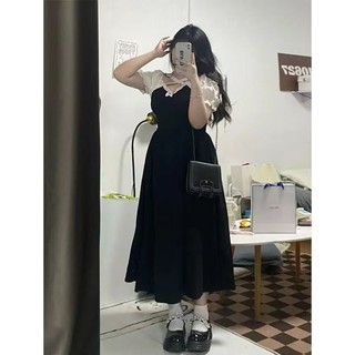 M-4XL Đầm Size Lớn Nữ Ôm Hơn Nhìn Đen Tay Ngắn Một Mảnh Đầm Nơ Phối Ren 2023 Hơi Béo mm Che Thịt Mỏng Hơn Nhìn Khâu Trên Đầu Gối Váy Dài Vừa Lớn