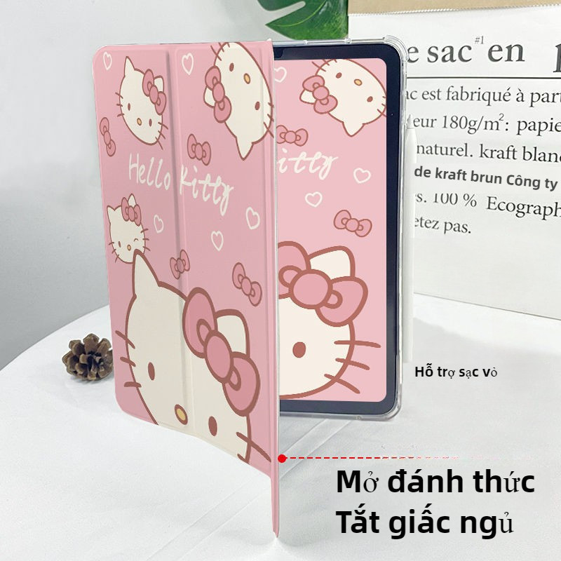 Túi khí gấp ba lần cho vỏ máy tính bảng iPad 20 / 21Pro11Air3 / 4 / 5 / 6 10.9 10.5gen10 2022Mini4 / 5 / 6 7.9 8.3 Air1 / 2 9.7gen7 / 8 / 9 10.2inch Phim hoạt hình Hello Kitty có khe cắm bút Vỏ bảo vệ