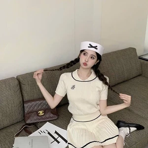 Set 2 món bộ váy áo cộc tay phối chân váy dệt kim mongtoghi phong cách tiểu thư sang chảnh XIMIMI SP297
