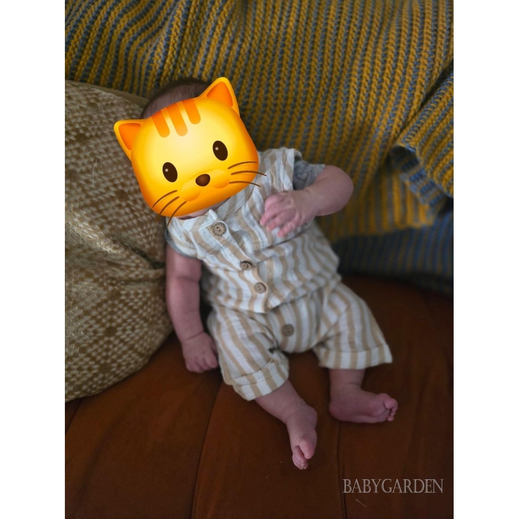 / / -Baby Bé Trai Bé Gái Áo Liền Quần Vải Lanh Cotton Nhẹ Thoáng Khí Không Tay Sọc Nút Ngắn Áo Liền Quần Trang Phục Mùa Hè Thu