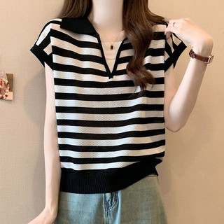 Size Lớn Giả Hai Mảnh Sọc Ngắn Tay Áo Thun Nữ Mùa Hè Béo mm Bao Bụng Mỏng Hơn Nhìn Băng Lụa Dệt Kim v @