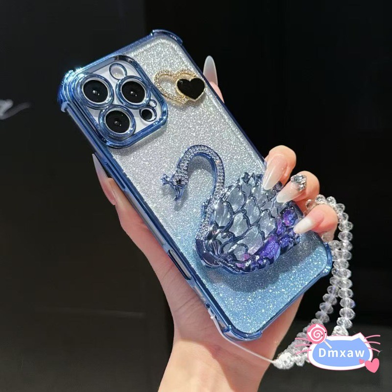 Ốp Điện Thoại Đứng Bling Swan Cho Motorola Edge 60 50 Fusion 50 Neo Pro Moto S50 G86 G72 G60S G40 Fusion G56 G05 E15 5G Vỏ Mạ Tình Yêu Màu Đen Thời Trang Có Dây Đeo Pha Lê