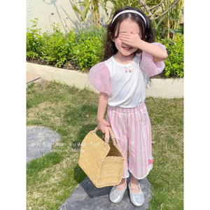 Bộ cộc tay bồng hè cho bé cottong mặc thấm hút mồ quần lửng kẻ đen hồng sz 90 - 130 mẫu mới 8813