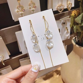 Hoa tai hoa vỏ sò mẫu dài đơn giản Kim bạc S925 hoa Tai Tua Rua Hoa vỏ sò khí chất dễ phối tươi mới cho nữ