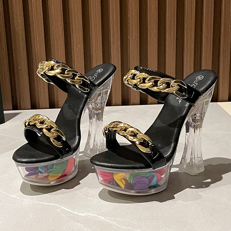Dép lê thời trang khóa kim loại đế dày đế dày đế chống thấm nước gợi cảm Size 34-43 Giày cao gót siêu cao 14cm Xăng đan gót vuông nữ