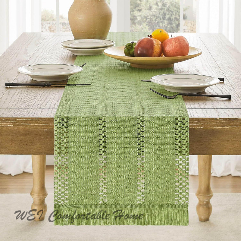 123456Bàn Người Runner Cotton Vải Lanh Khâu Dệt Bàn Chạy Màu Trơn Tua Rua Khăn Trải Bàn