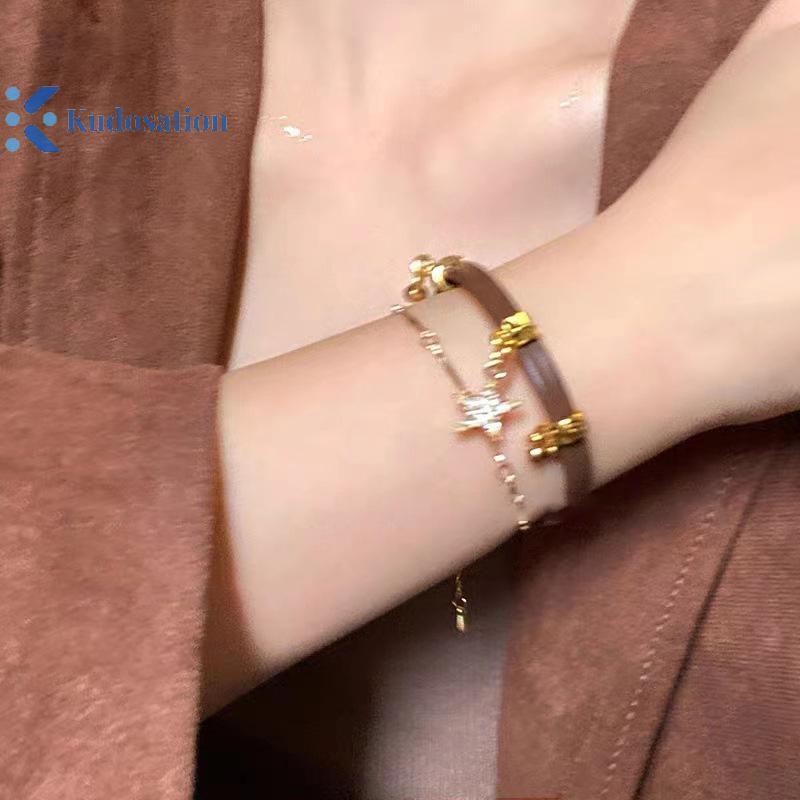 Kudosation Thời Trang Nữ Vintage Da Vòng Cổ Choker Hai Lớp Ngôi Sao Mặt Dây Chuyền Trang Sức Dây Xích Có Thể Điều Chỉnh