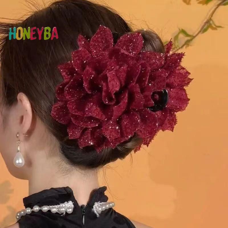 < Honeyba > Thời Trang Lưới Đen Hoa Nữ Đuôi Ngựa Kẹp Mũ Đội Đầu Tính Khí Hoa Vuốt Tóc Mũ Phụ Kiện Tóc