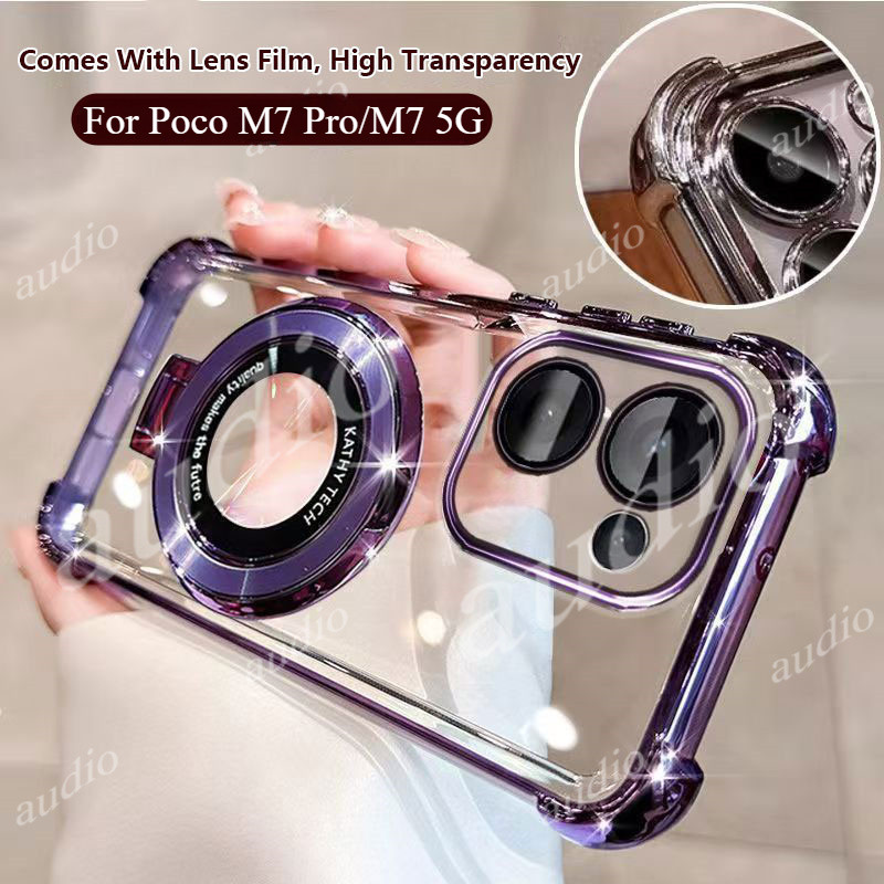 Ốp điện thoại trong suốt mạ bốn góc Poco M7 Pro 5G có giá đỡ cho Poco M7 Pro Poco M7Pro 5G Ốp lưng silicon mềm chống sốc sang trọng cho Poco M7 PocoM7 Pro PocoM7Pro 5G