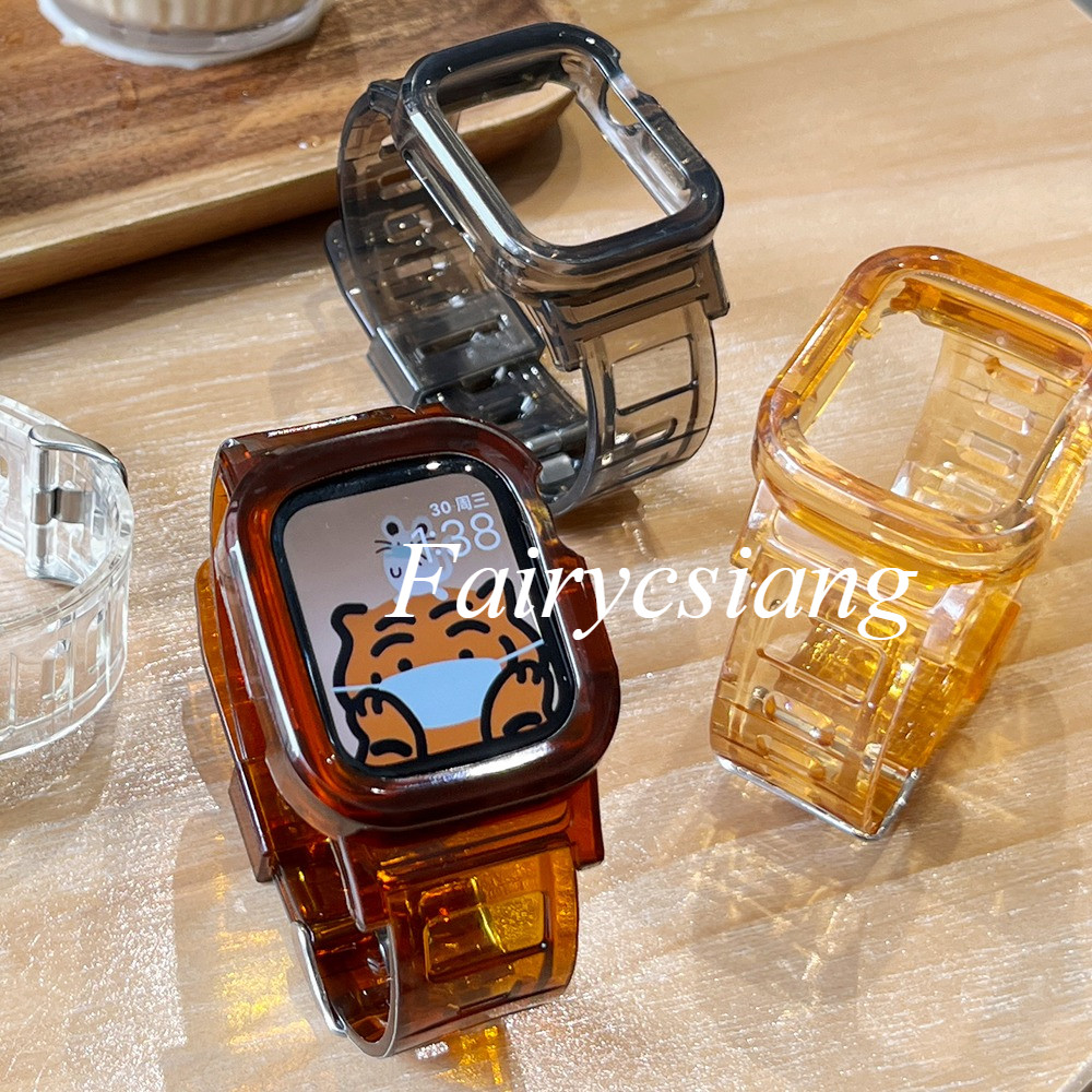 Dây đeo trong suốt + Vỏ cho Apple Watch Series 9 8 7 6 SE 5 45mm 44 42mm 41mm Trong suốt cho dây đeo nhựa iwatch 2 3 38 40mm