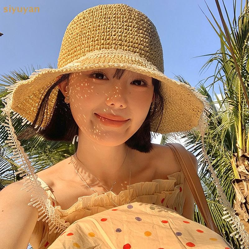 Siyuyan Ngọt Ngào Dễ Thương Anh Đào Ren Cạnh Mũ Rơm Cho Nữ Mùa Hè Rỗng Bên bờ Biển Kỳ Nghỉ Lớn Vành Che Nắng Mũ Chống Nắng Thời Trang VN