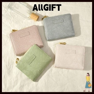 AllGIFT Ví Ngắn, Ví Dây Kéo Màu Trơn Nhỏ, Ví Da Dung Tích Lớn Retro Nữ