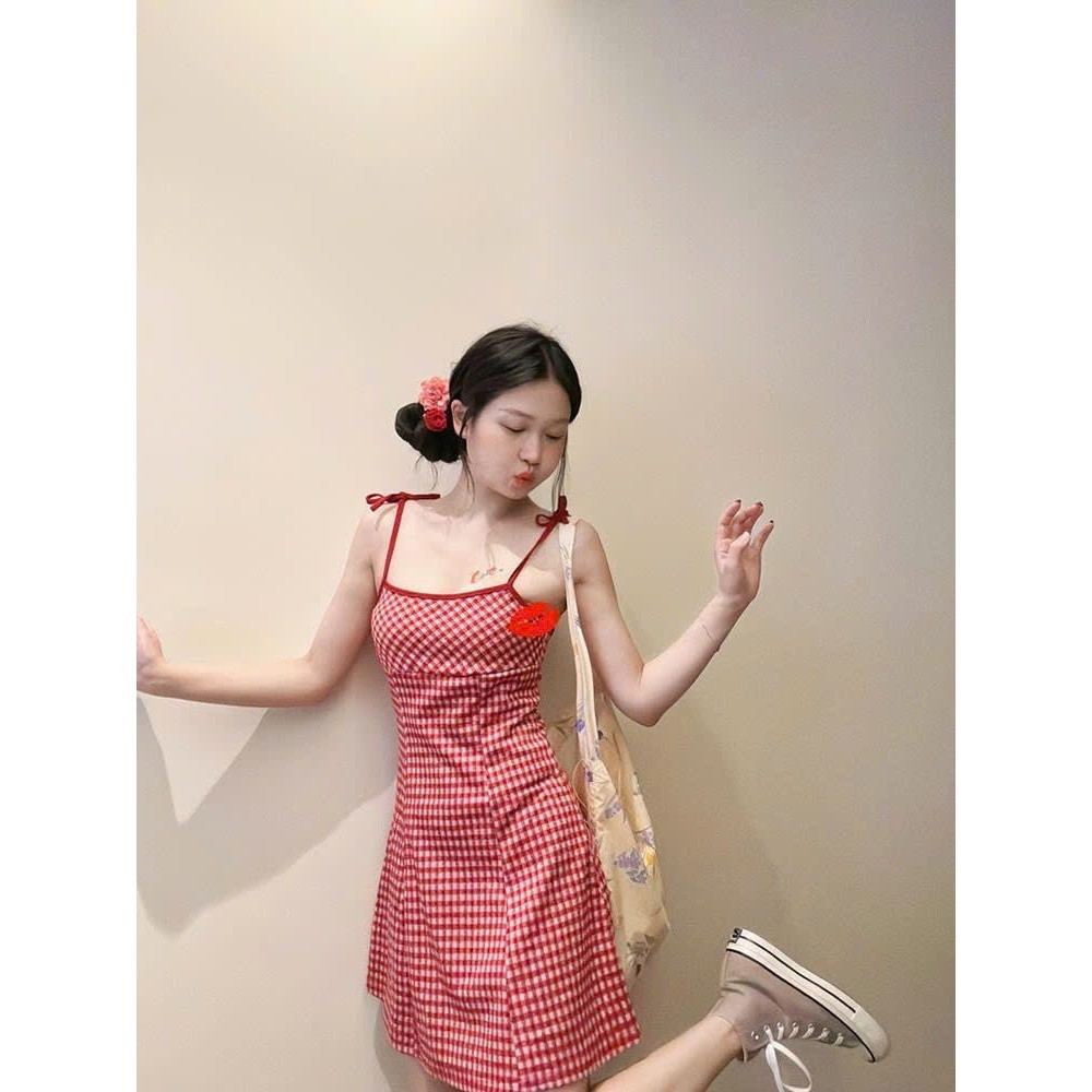 Váy đầm 2 dây dáng ngắn ôm body phối họa tiết kẻ caro phong cách trẻ trung năng động XIMIMI SP299