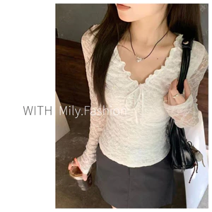 Milyfashion Thời Trang Hot Girl Ren Dài Tay Áo Thun Nữ Đầu Thu Phong Cách Mới Sang Trọng Ngắn Đế Cao Cấp Bên Ngoài Top Hợp Thời Trang