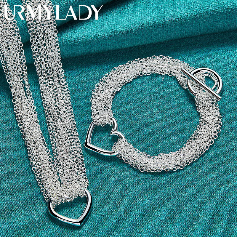 URMYLADY Bạc 925 Nhiều Dây Xích Khung Tình Yêu Vòng Cổ Vòng Tay Dành Cho Nữ Bộ Trang Sức Thời Trang