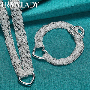 URMYLADY Bạc 925 Nhiều Dây Xích Khung Tình Yêu Vòng Cổ Vòng Tay Dành Cho Nữ Bộ Trang Sức Thời Trang