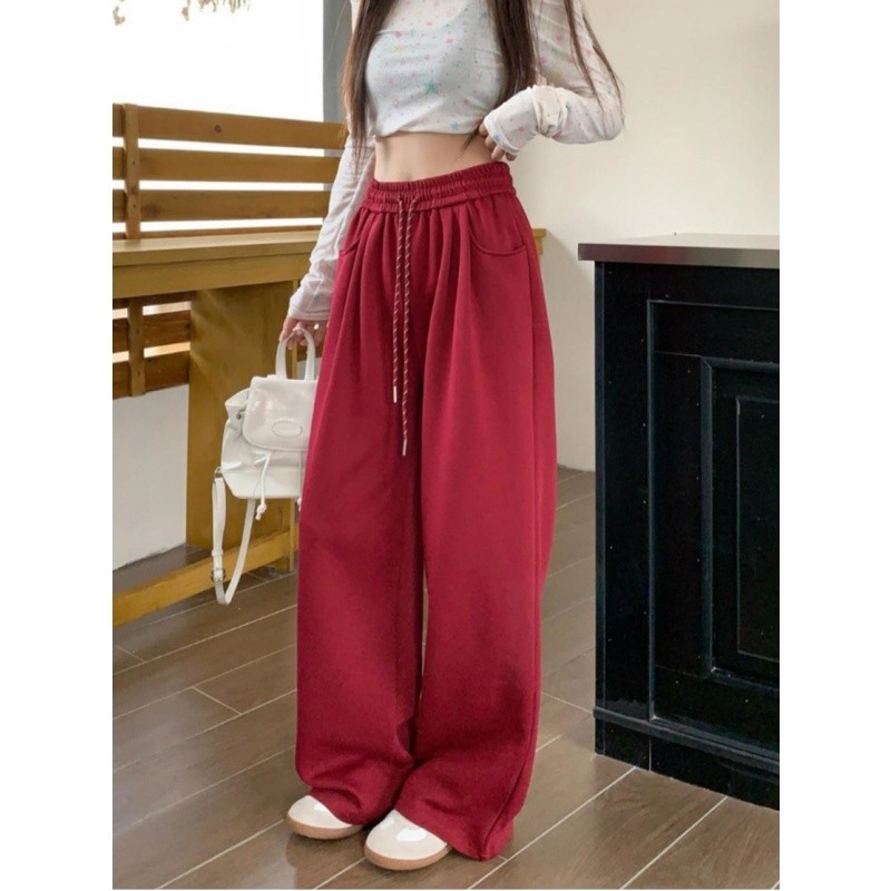 Quần ống rộng quần thường ngày rộng rãi quần giáng sinh nữ quần ống đứng cạp cao mùa thu quần lau sàn