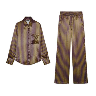 Áo Sơ mi Zara made in Morocco lụa nâu sọc và quần cùng bộ