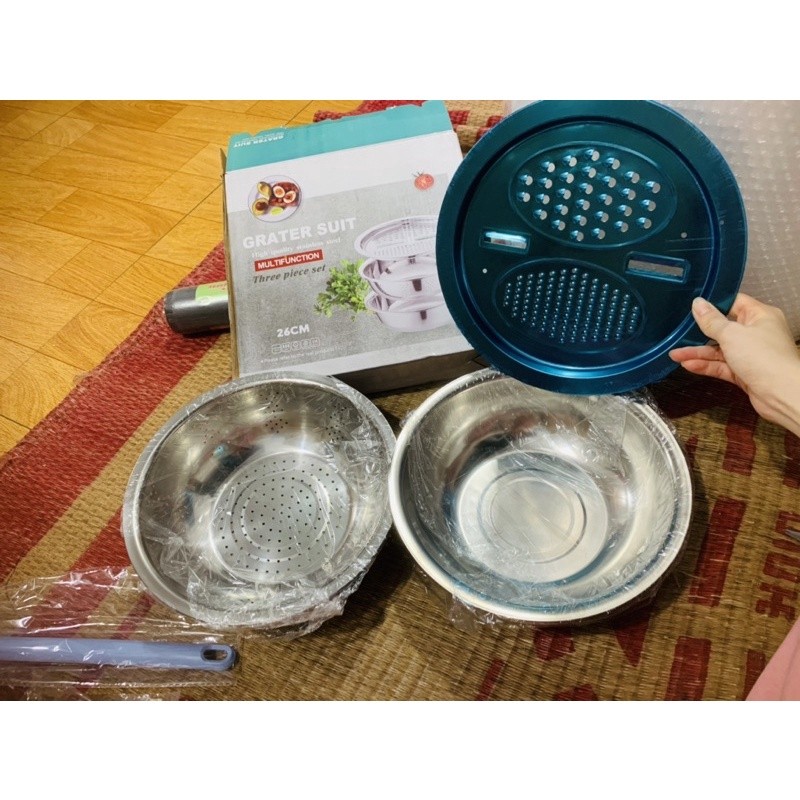 Bộ nạo rau củ 3 món bào Nhật Bản, Rổ nạo rau củ kiêm rổ và chậu inox cao cấp đa năng,tiện lợi