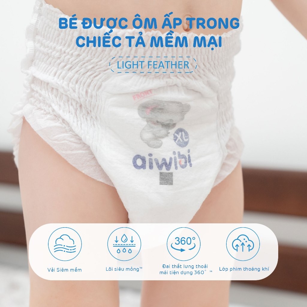 [Combo 2] Tã/Bỉm Quần Cao Cấp Aiwibi Light Feather Cho Bé Siêu Thấm Hút, Chống Tràn - Gói Lớn M/L/XL/XXL/XXXL