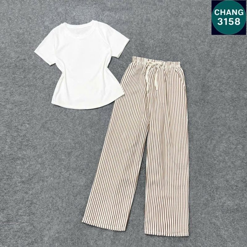 Sét Bộ Quần Ống Rộng Kẻ Sọc + Mix Áo Croptop Tăm Trơn dáng bassic-CHANG 3158