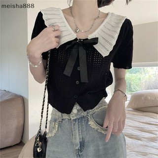 Meisha888 Mùa Hè Búp Bê Cổ Tay Ngắn Dệt Kim Áo Thun Nữ Sang Trọng Crop Top Đẹp